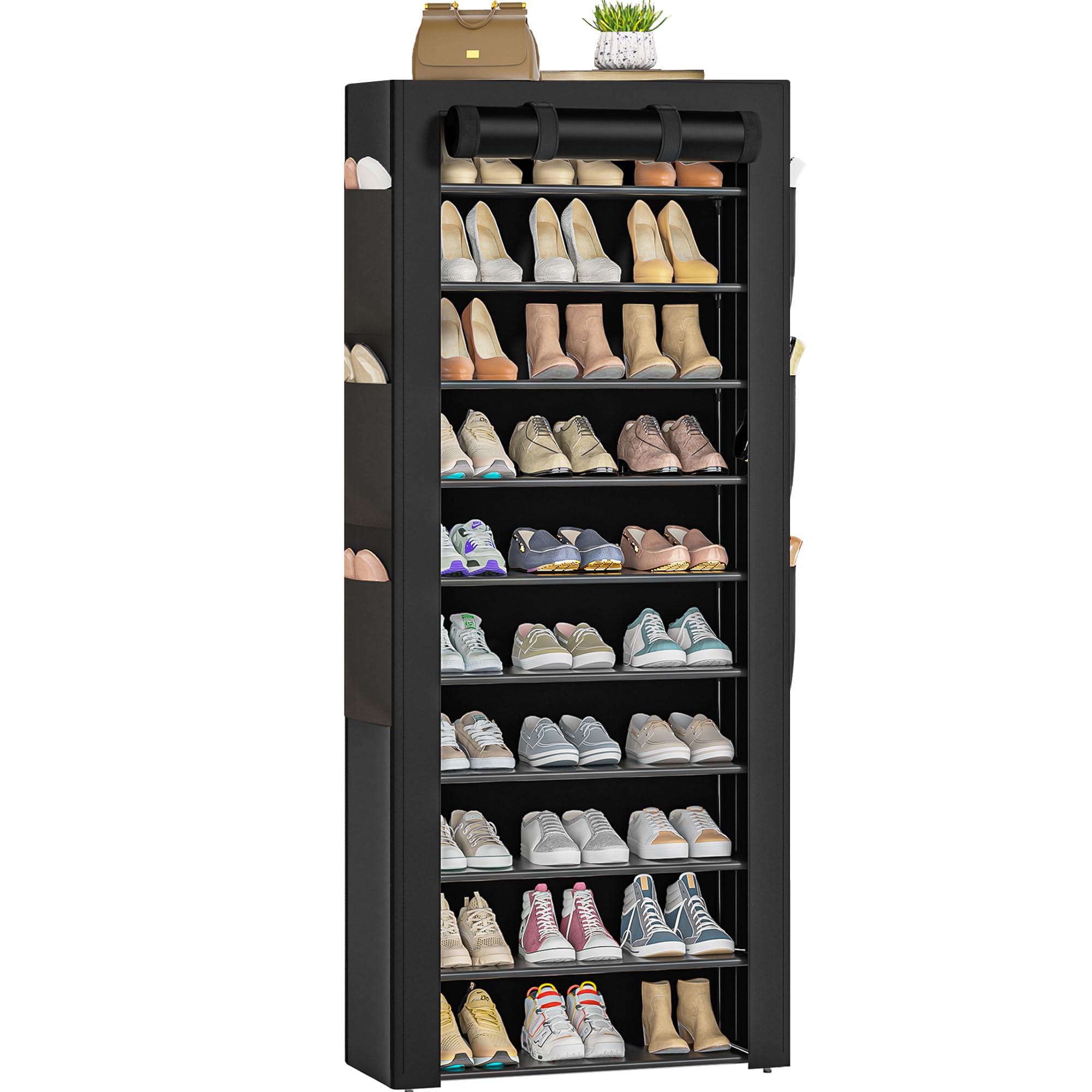 OYREL large shoe rack in black, front view with six side pockets for organized entryway storage.
