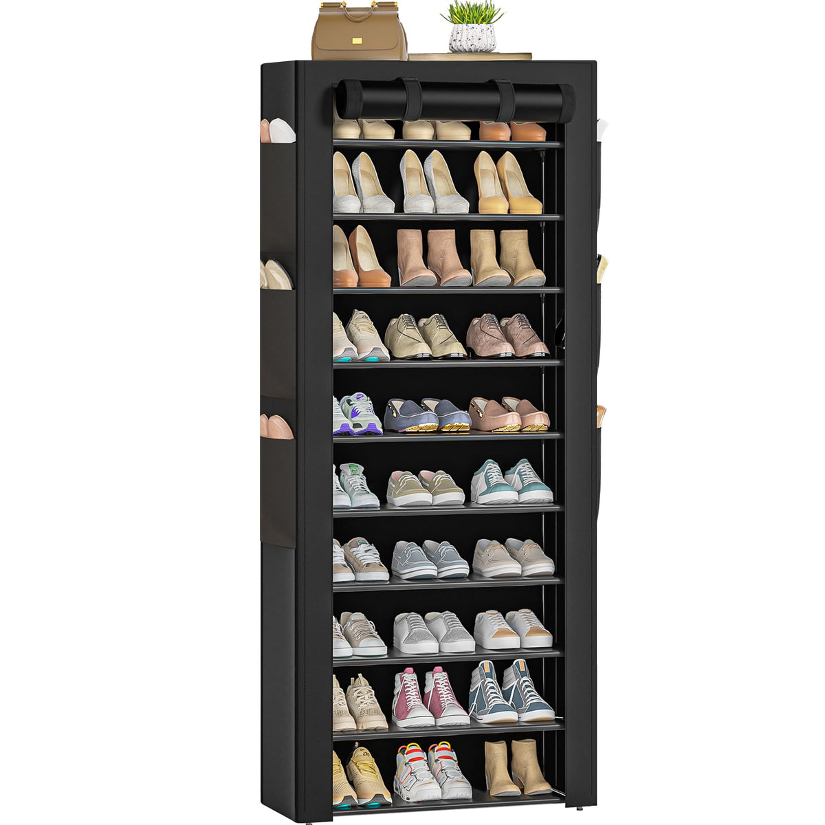 OYREL large shoe rack in black, front view with six side pockets for organized entryway storage.