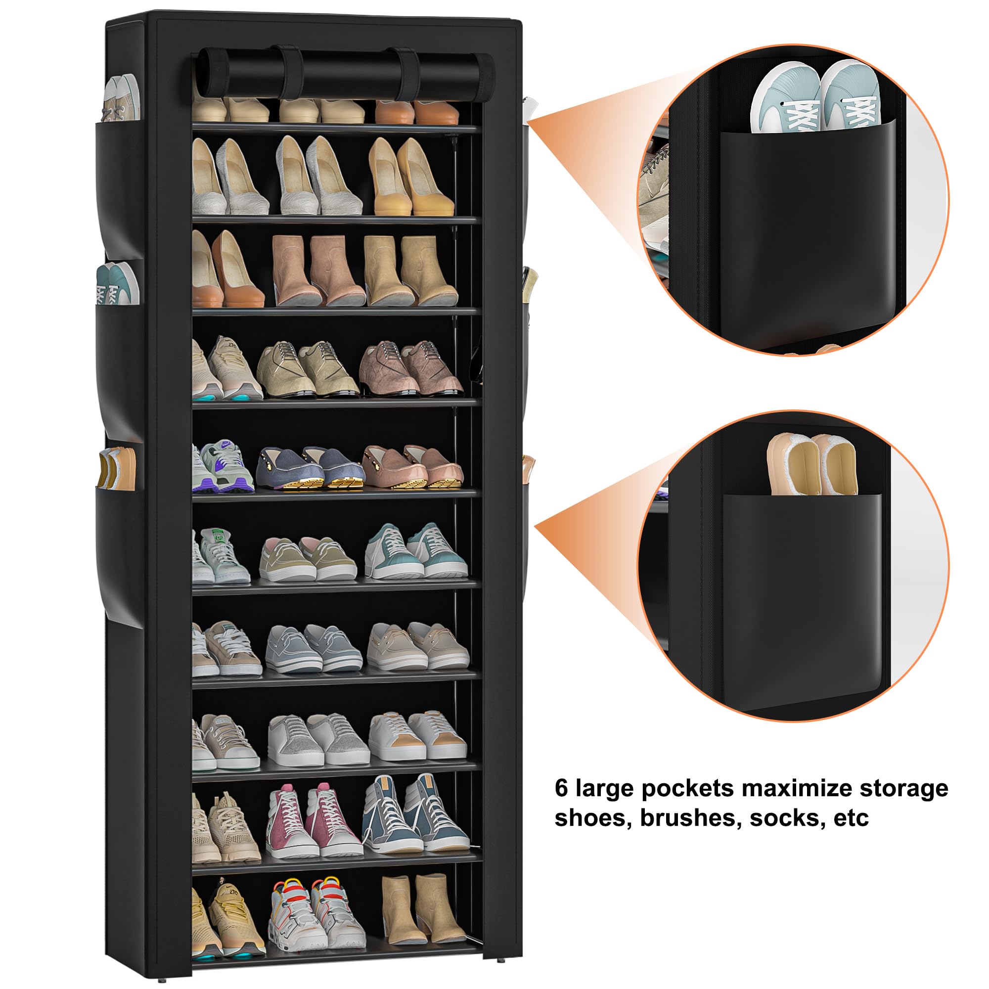 OYREL tall 10-tier frame dimensions highlighted for space-saving storage.