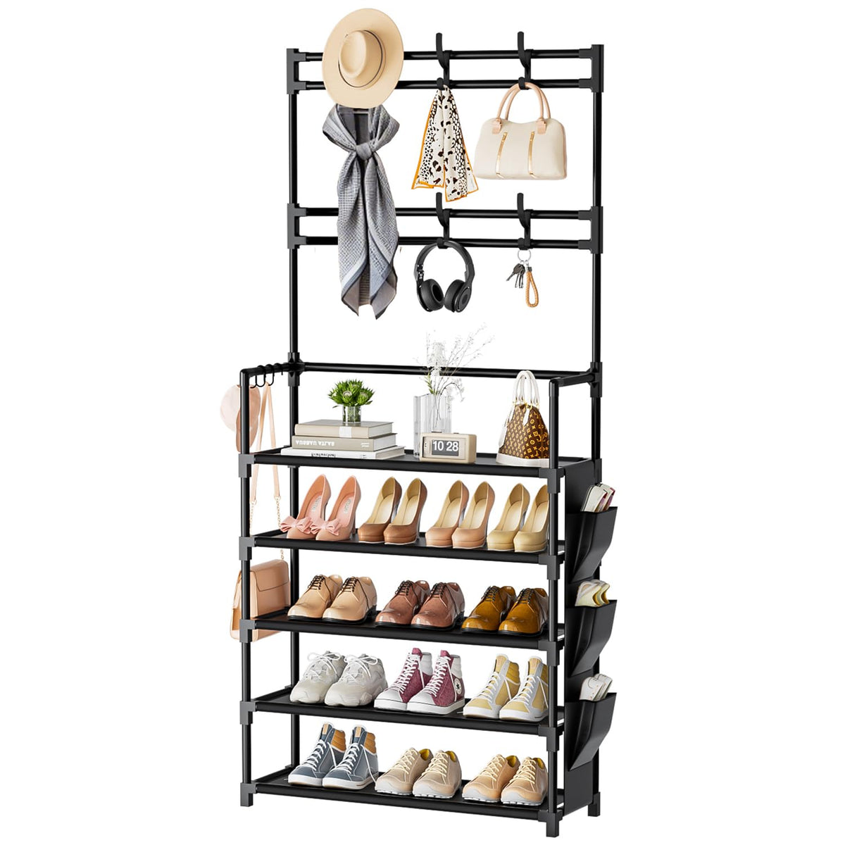 OYREL 5-tier shoe rack front view shows organized footwear in a compact footprint