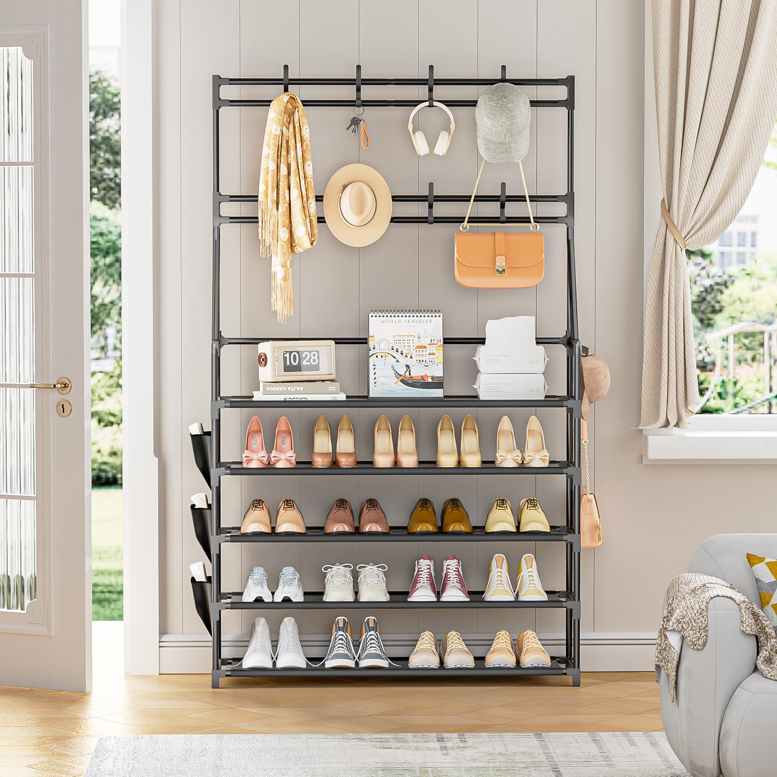 OYREL rack holds 4-5 pairs per tier for ample footwear capacity.