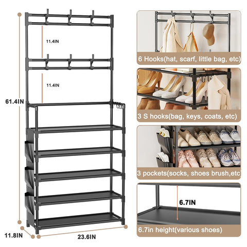 OYREL shoe rack top hooks and side pocket highlight versatile entryway storage