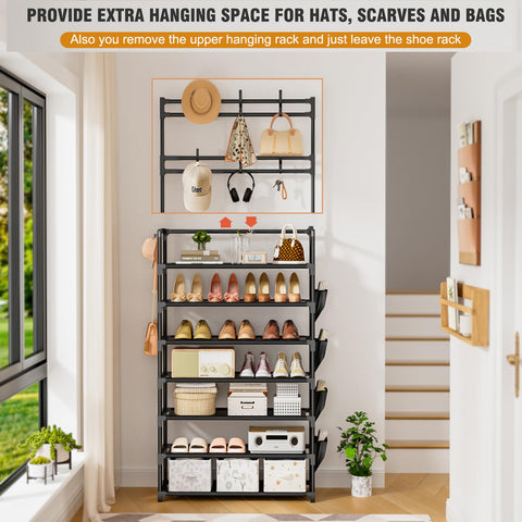 OYREL shoe rack with hooks and side pocket for keys and accessories.
