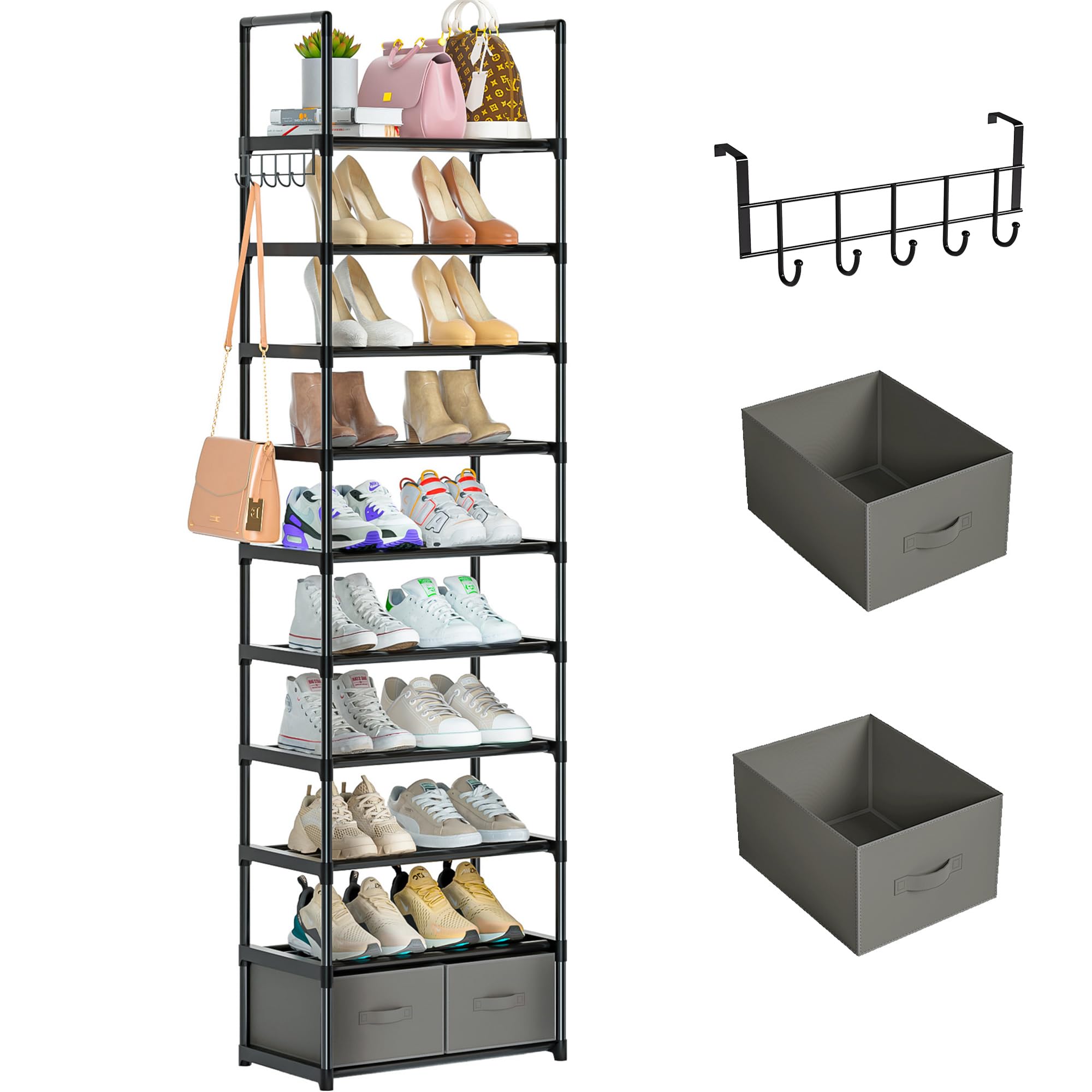 OYREL tall shoe rack 10-tier displaying sneakers and boots for easy access.