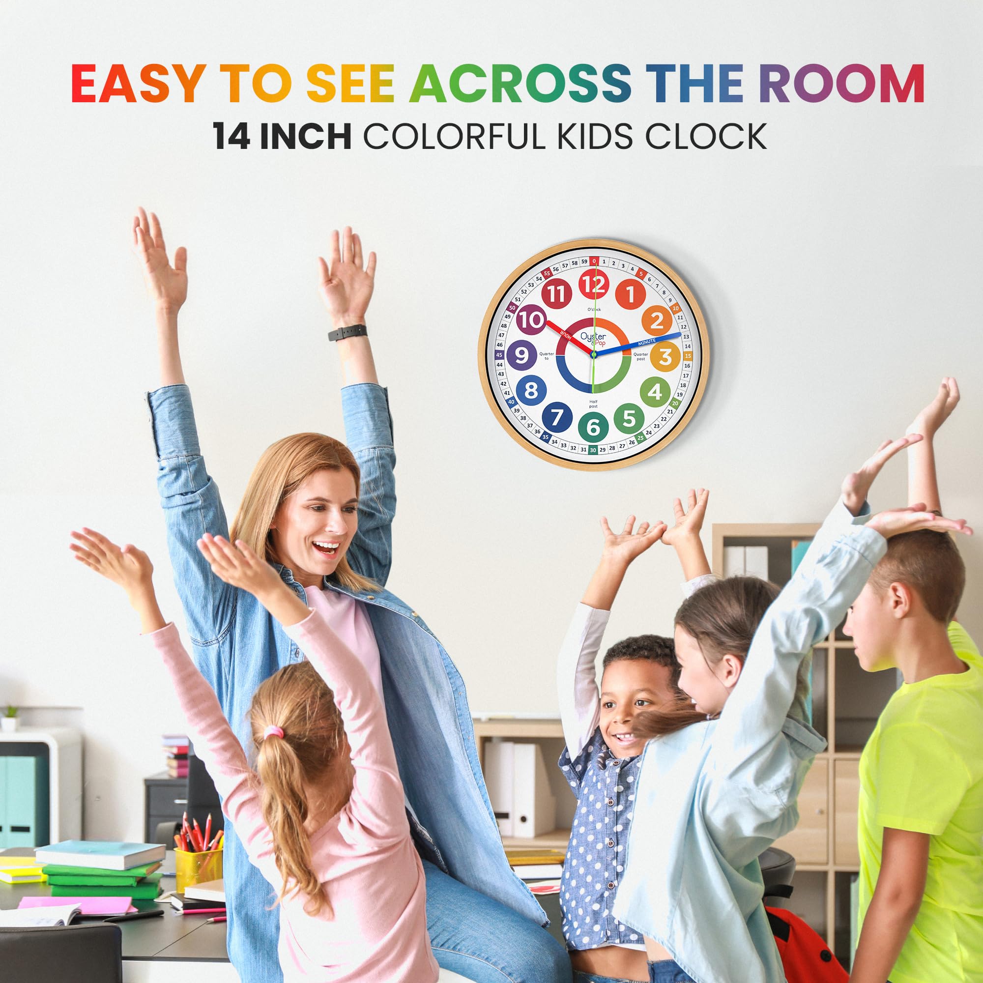 Oyster&Pop classroom wall clock designed for learning