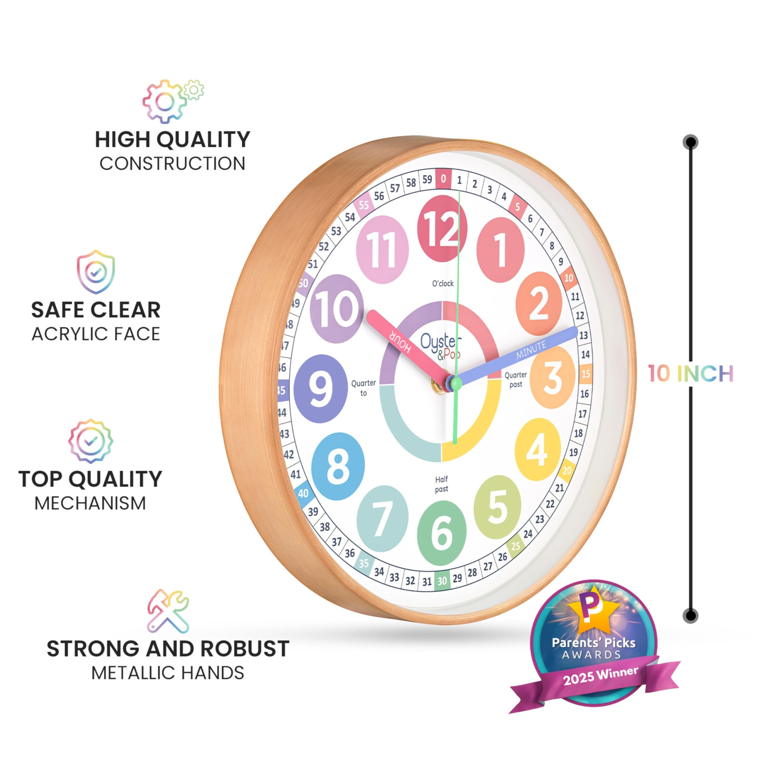 Oyster&Pop Kids Clock acrylic face keeps kids safe and easy to wipe.