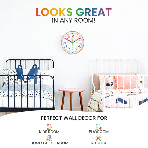 Oyster&Pop Kids Clock acrylic face provides kid-friendly durability.