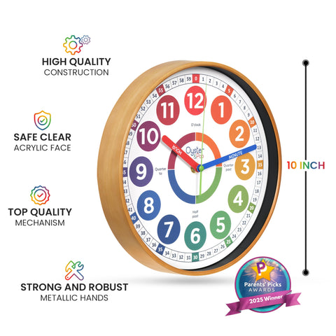 Oyster&Pop Kids Clock colourful rainbow design enhances classroom energy.