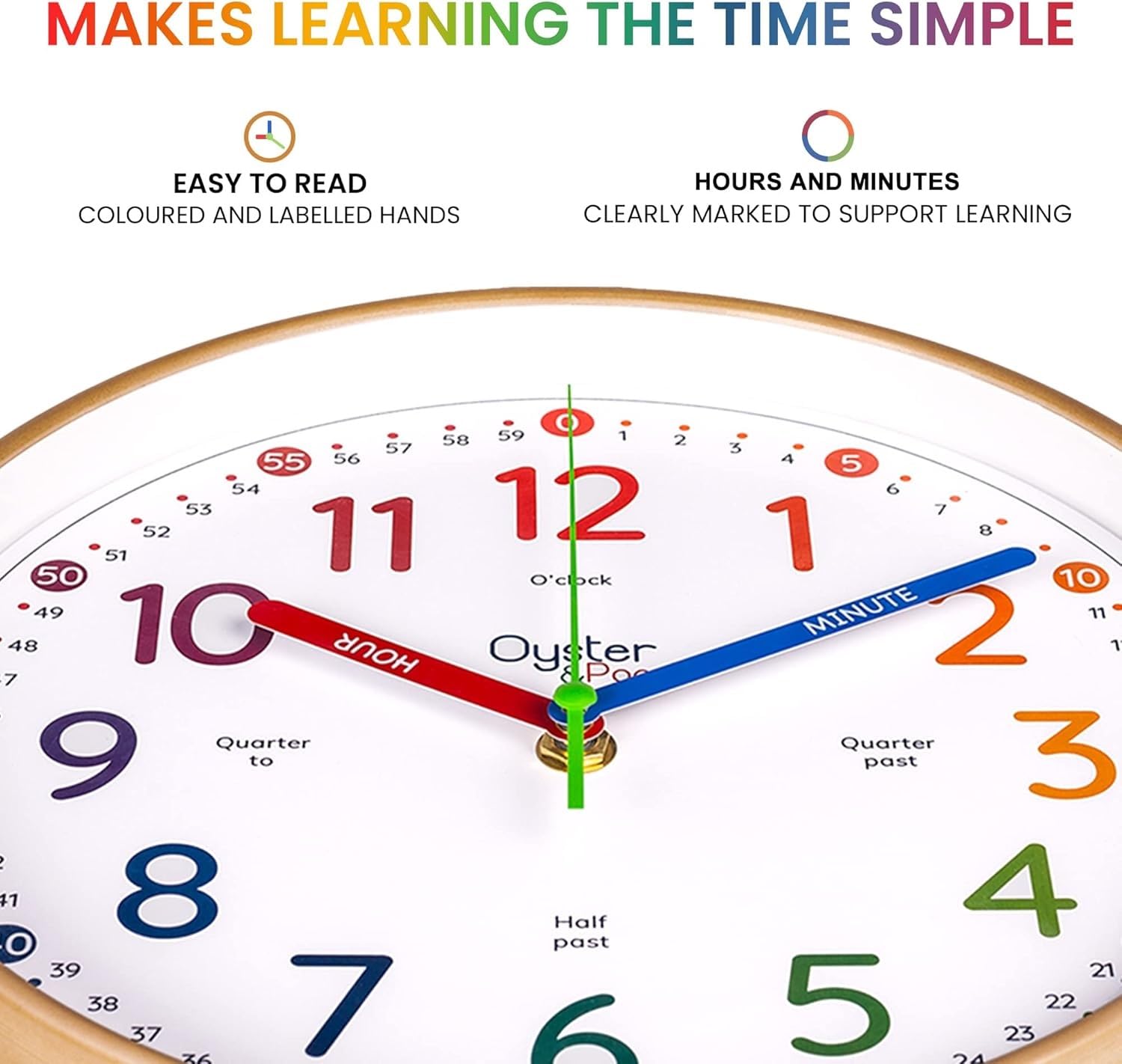 Oyster&Pop Kids Clock labeled minutes and quarters for clear time learning.