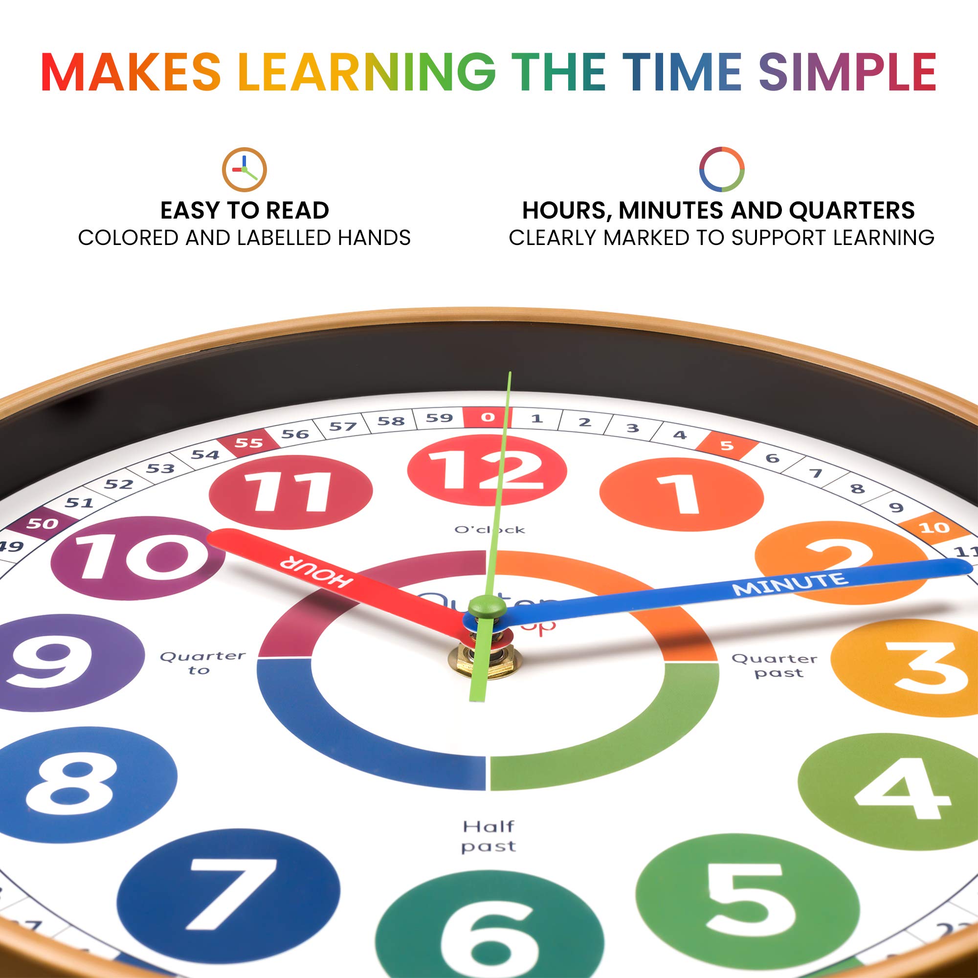 Oyster&Pop Kids Clock labelled dials support time learning.