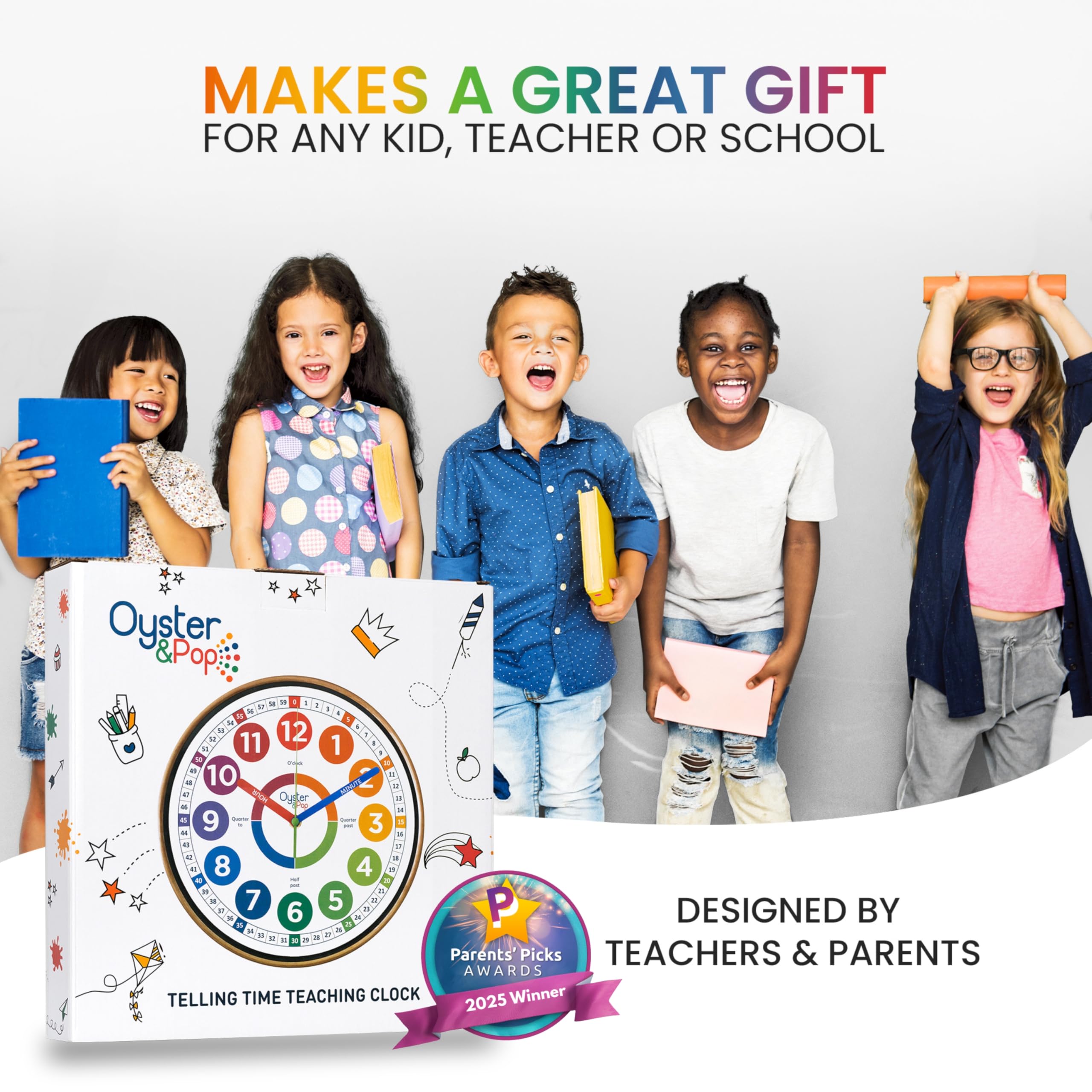 Oyster&Pop Kids Clock minutes and quarters labelled aids teaching.