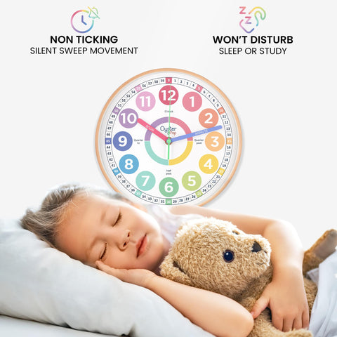 Oyster&Pop Kids Clock powered by one AA battery for simple setup.