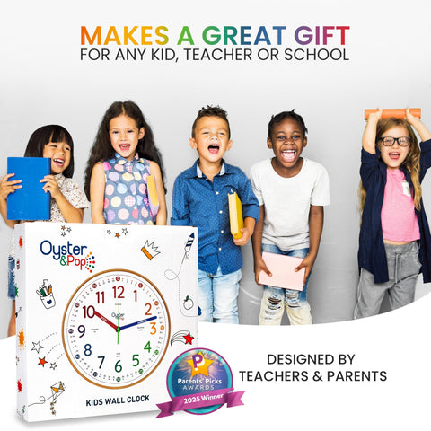 Oyster&Pop Kids Clock non-ticking operation supports quiet study sessions.