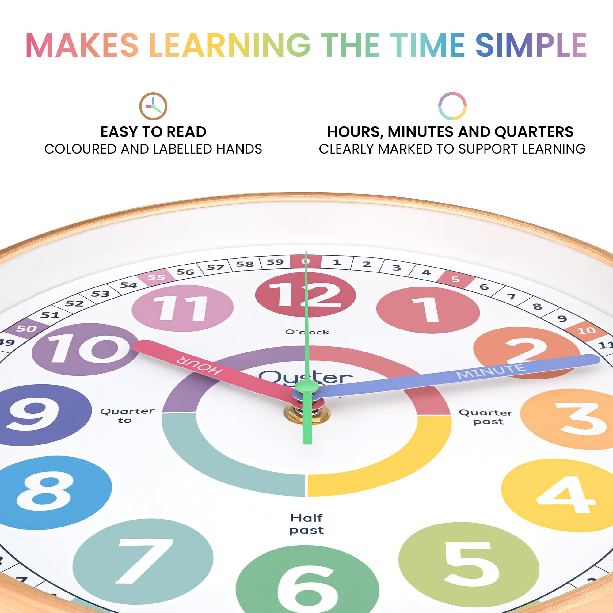 Oyster&Pop Kids Clock rainbow dial supports engaging learning and time-telling.