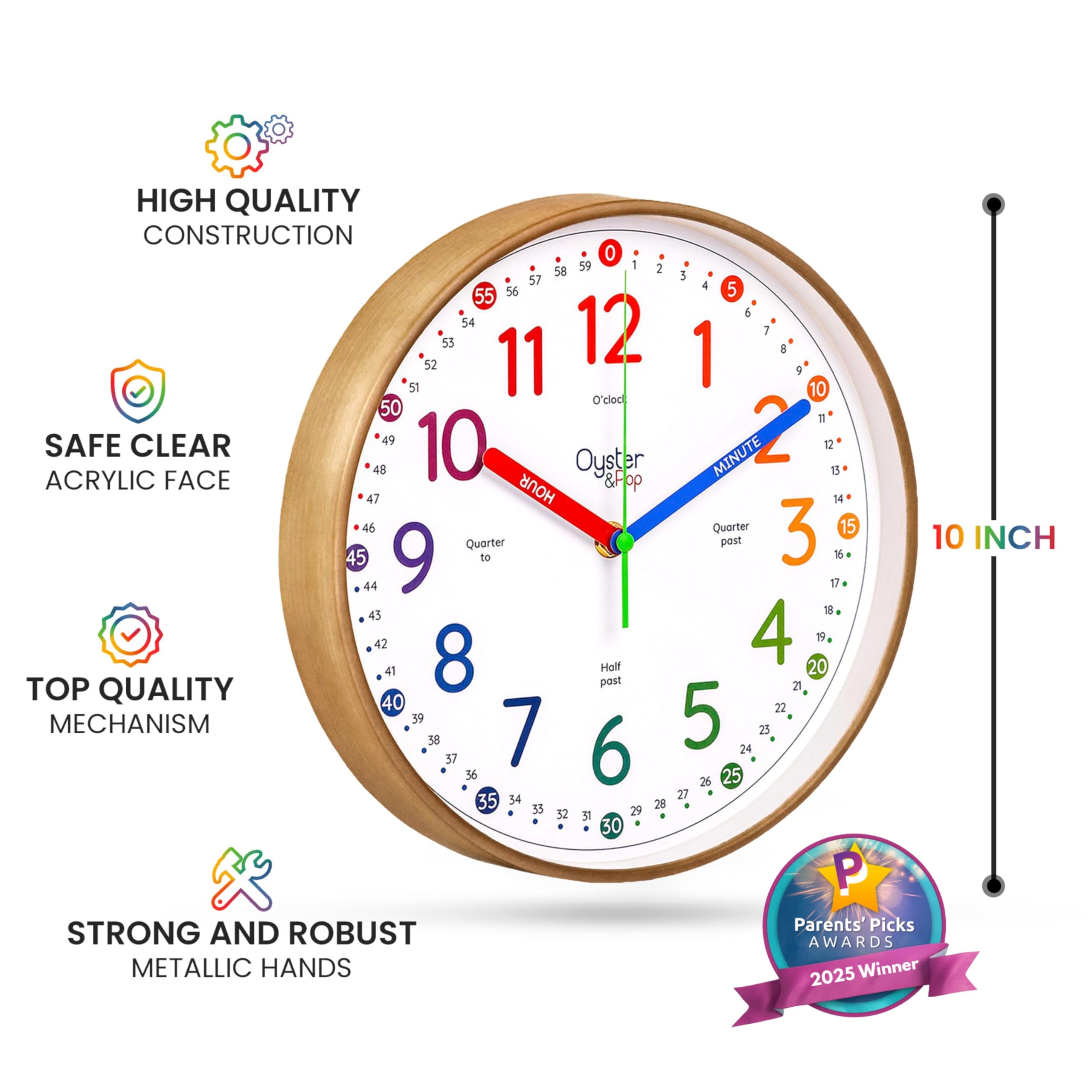 Oyster&Pop Kids Clock rainbow-faced design inspires engaging time practice.