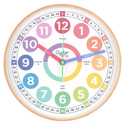 Oyster&Pop Kids Clock silent pastel dial for a quiet bedroom or study.
