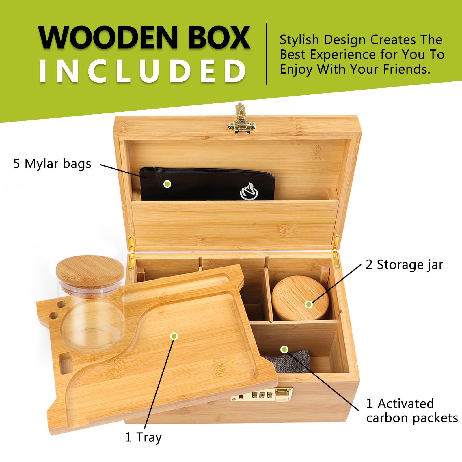 OZCHIN bamboo box includes glass jars for organized essentials
