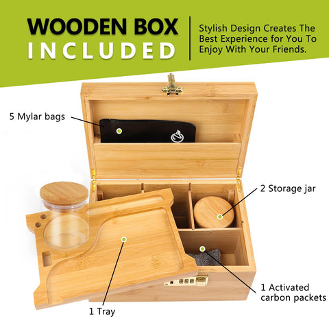 OZCHIN bamboo box includes glass jars for organized essentials