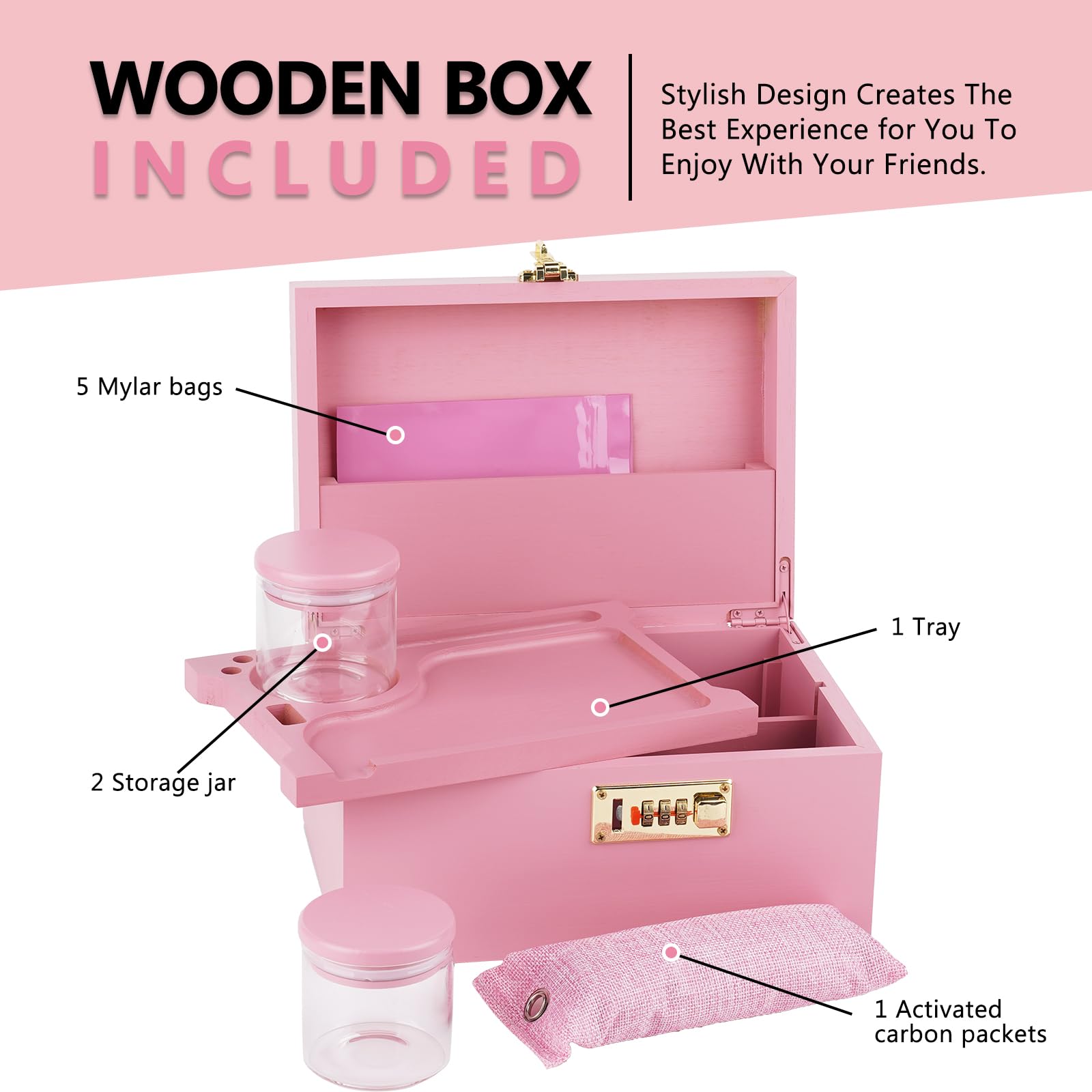 OZCHIN bamboo box with glass jars for organized accessory storage
