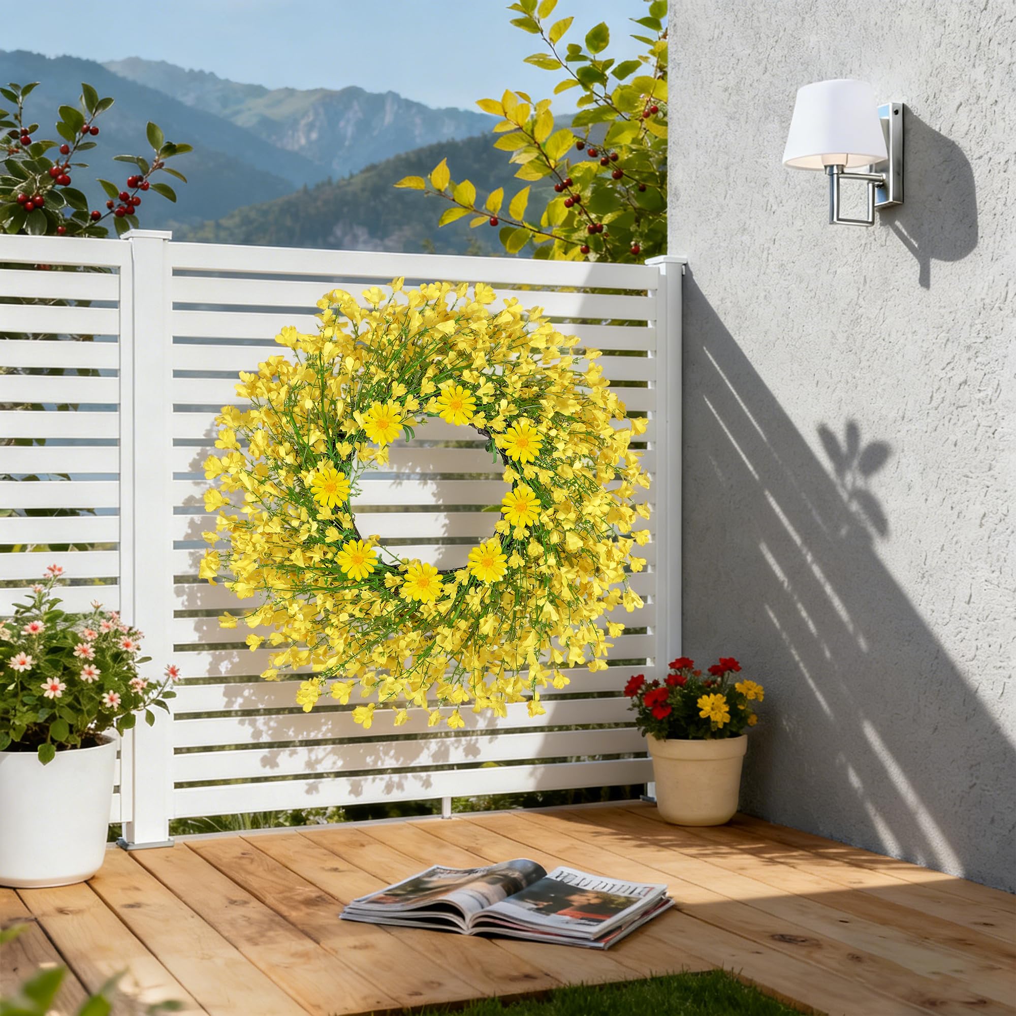 OZFHUA front door wreath brightens entry with welcoming color.