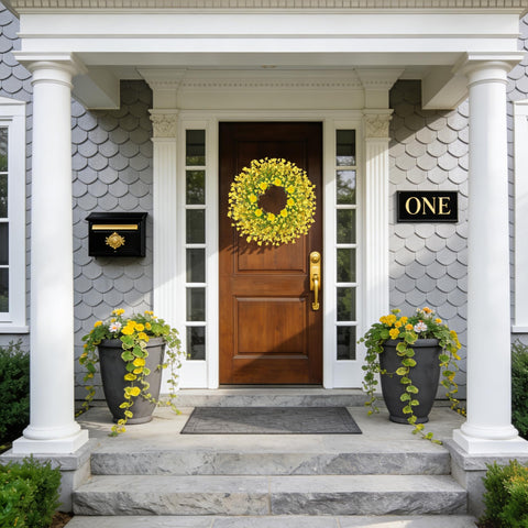 OZFHUA indoor/outdoor friendly wreath for year-round decoration.