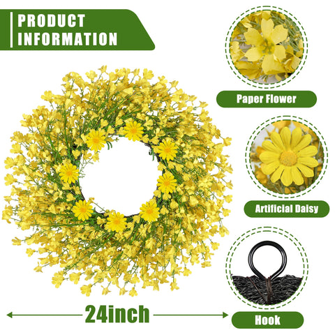 OZFHUA spring daisy wreath closeup shows lifelike petals and grapevine base.