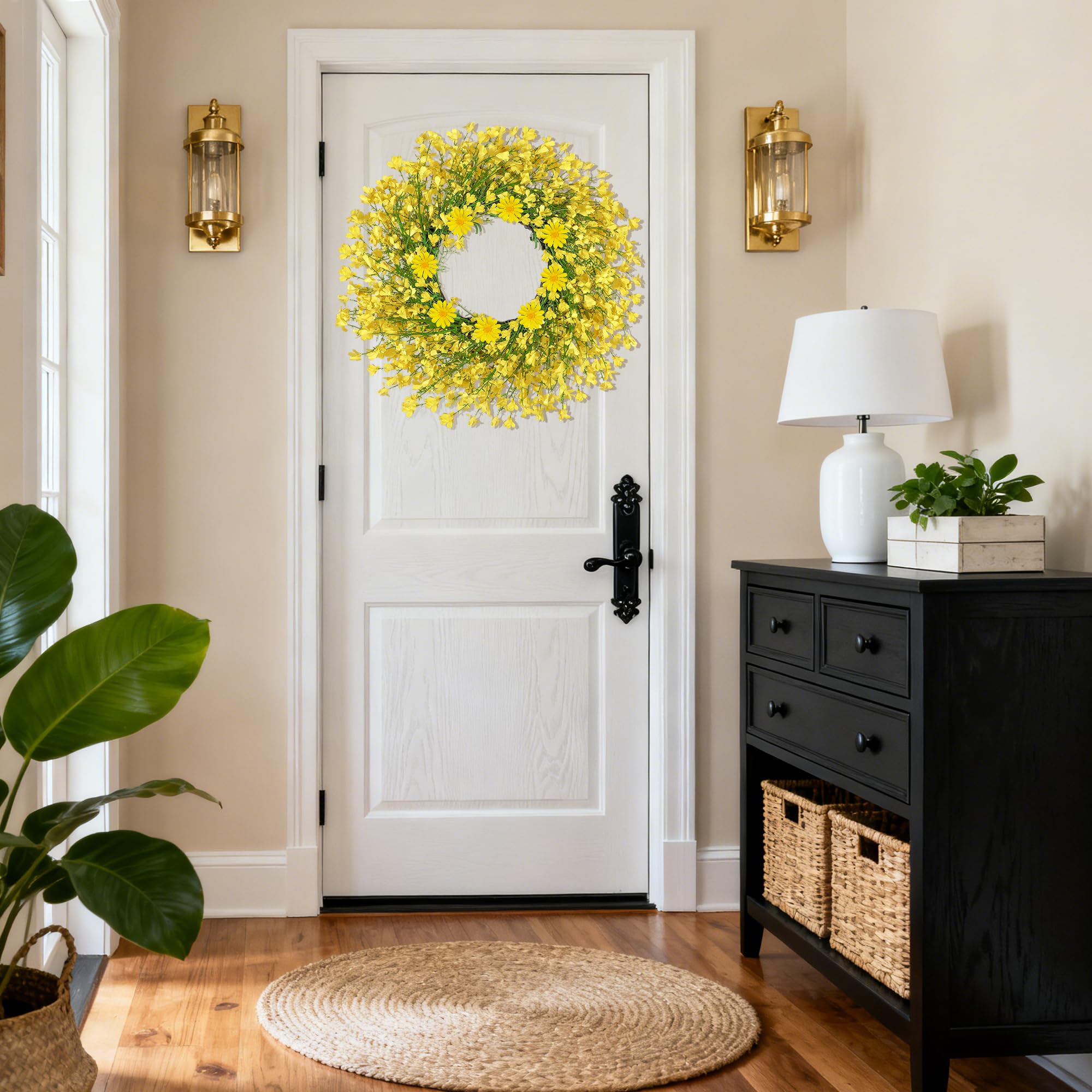 OZFHUA wreath with grapevine base and pink blooms enhances porch decor.