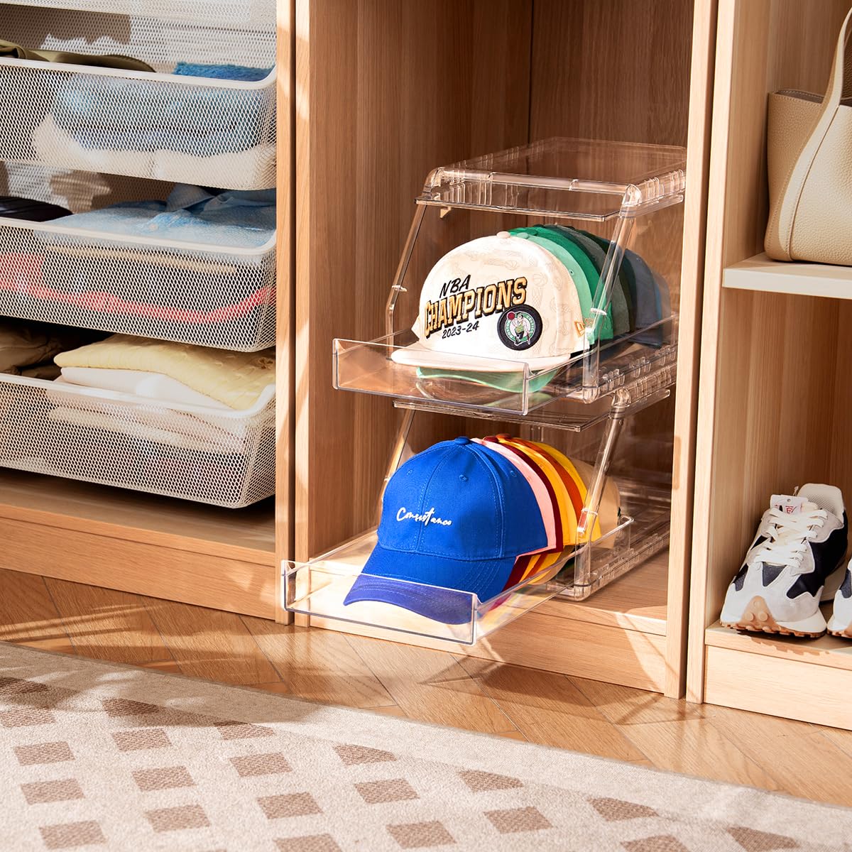Transparent construction blends with decor while showcasing your cap collection