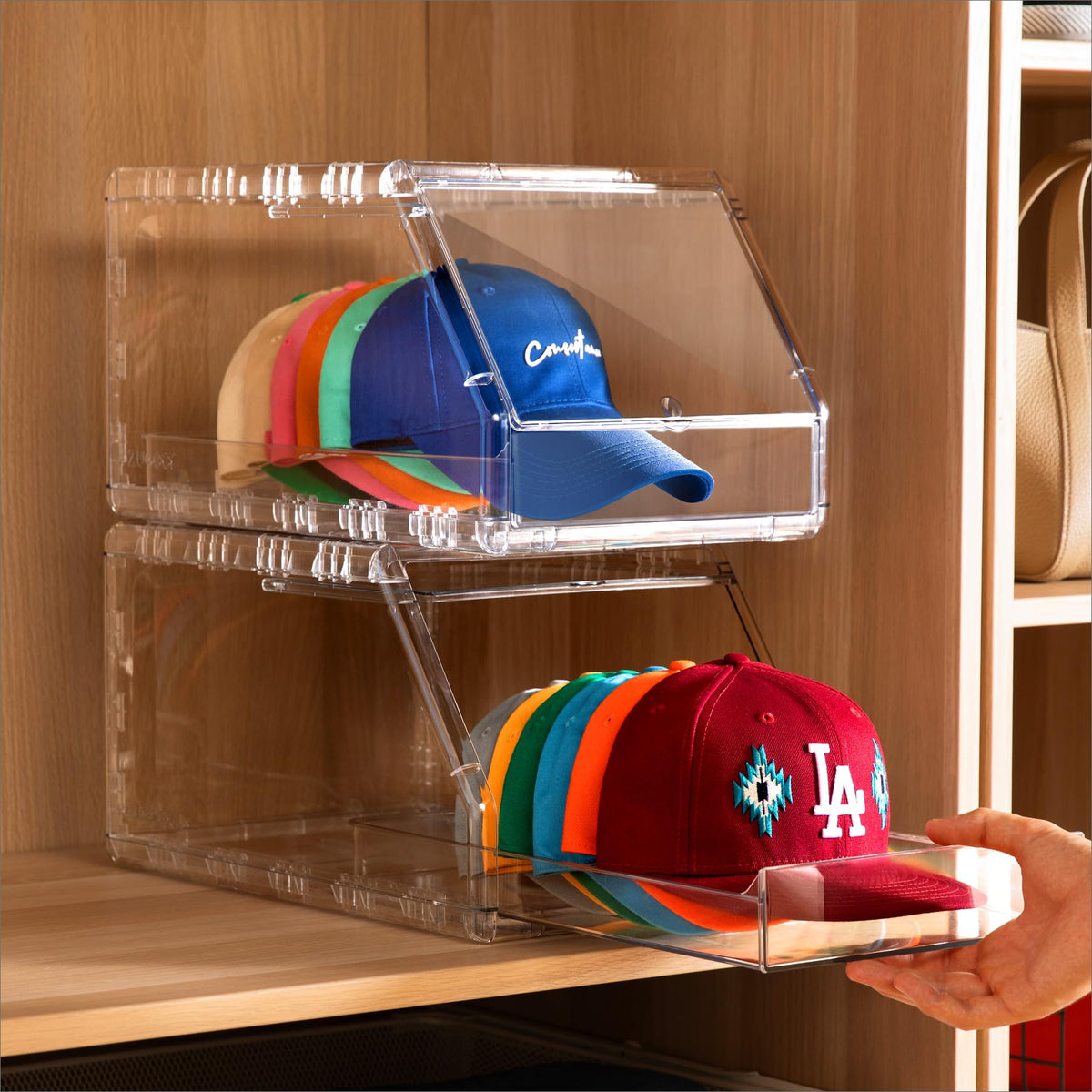 Ozueccr hat organizer with transparent drawer for quick selection and cap shape protection