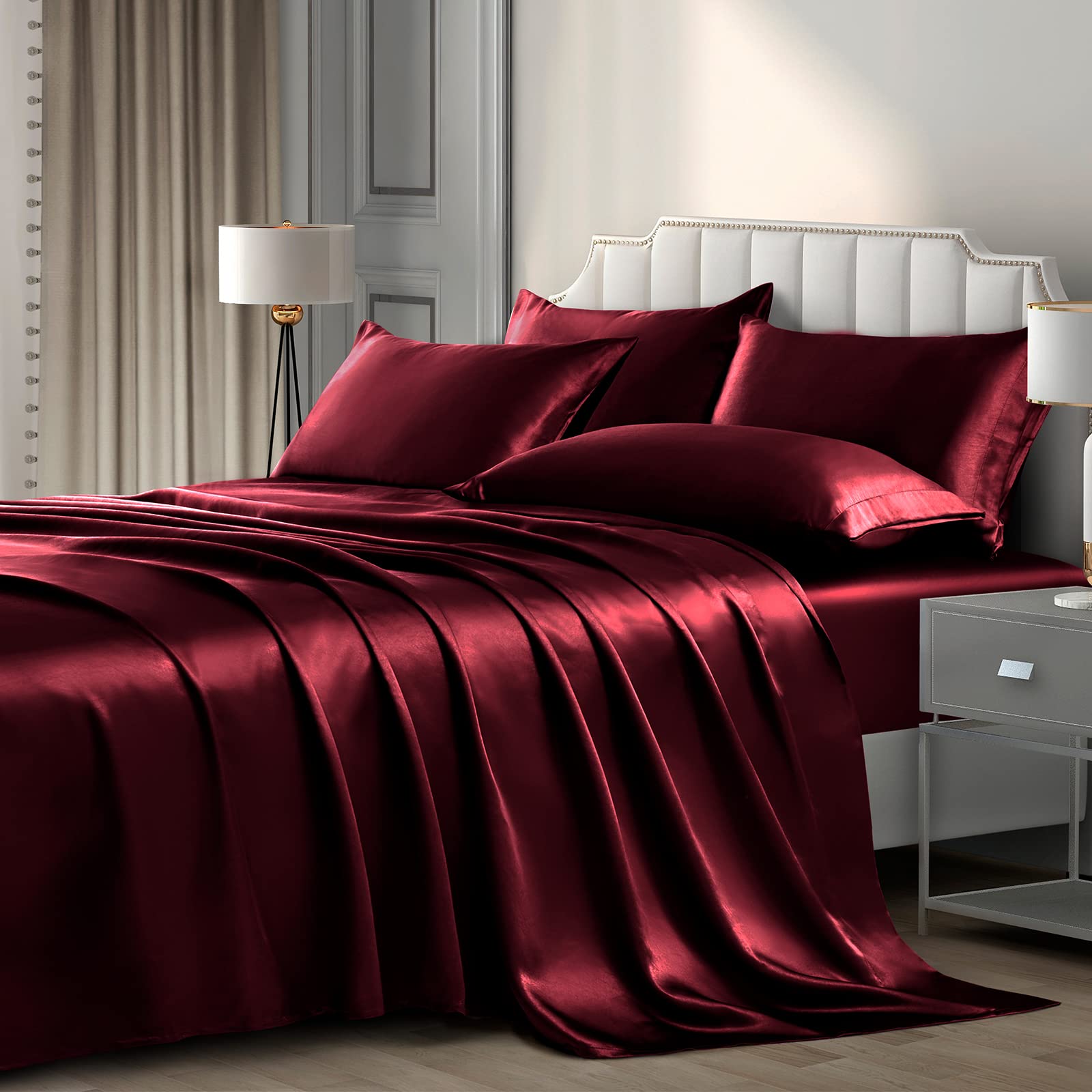 P Pothuiny burgundy satin queen deep-pocket fitted sheet secured on a mattress
