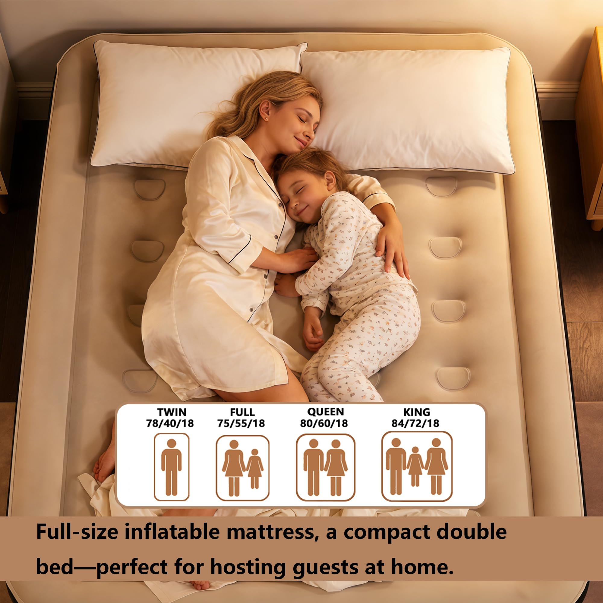 PABCZZ full-size air mattress showing dimensions for comfort