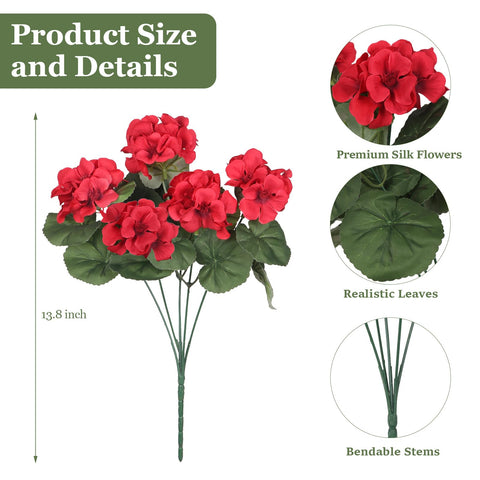 PABREY artificial geraniums red flowers show vivid color with low maintenance.