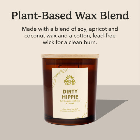 Pacha Soap Co. Dirty Hippie candle fragrance notes patchouli highlighted for earthy ambiance.