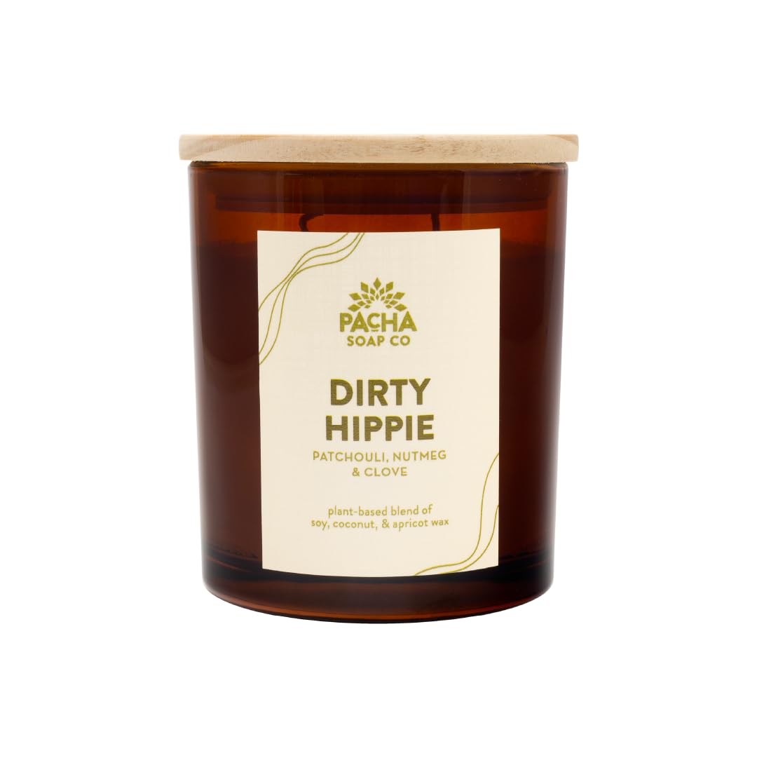 Pacha Soap Co. Dirty Hippie candle jar front view with clean-burning soy blend.