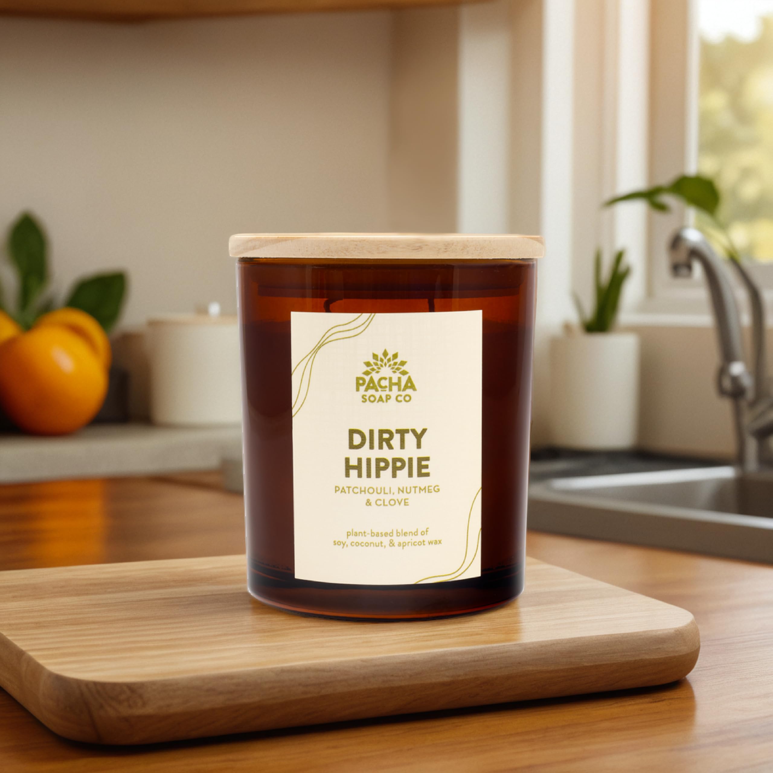 Pacha Soap Co. Dirty Hippie candle side profile highlighting sustainable packaging.