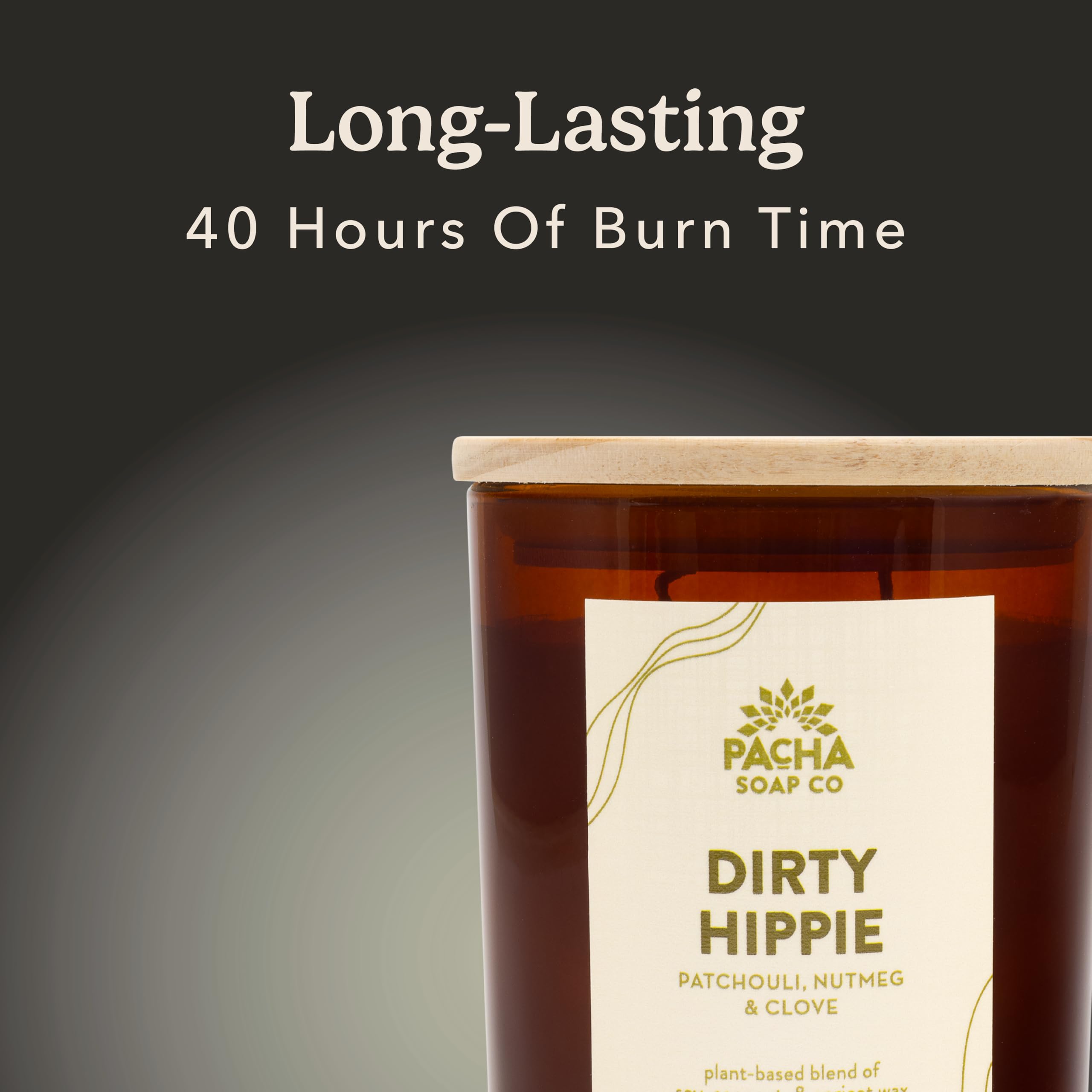 Pacha Soap Co. Dirty Hippie wick close-up demonstrates lead-free wick for a clean burn.