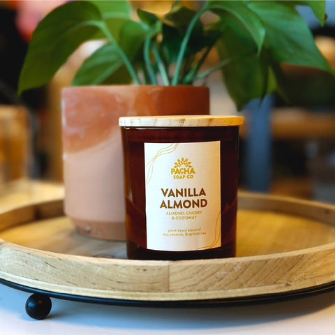 Pacha Soap Co. Vanilla Almond Candle highlights almond note for warmth