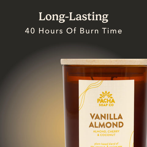 Pacha Soap Co. Vanilla Almond Candle features cherry note for depth
