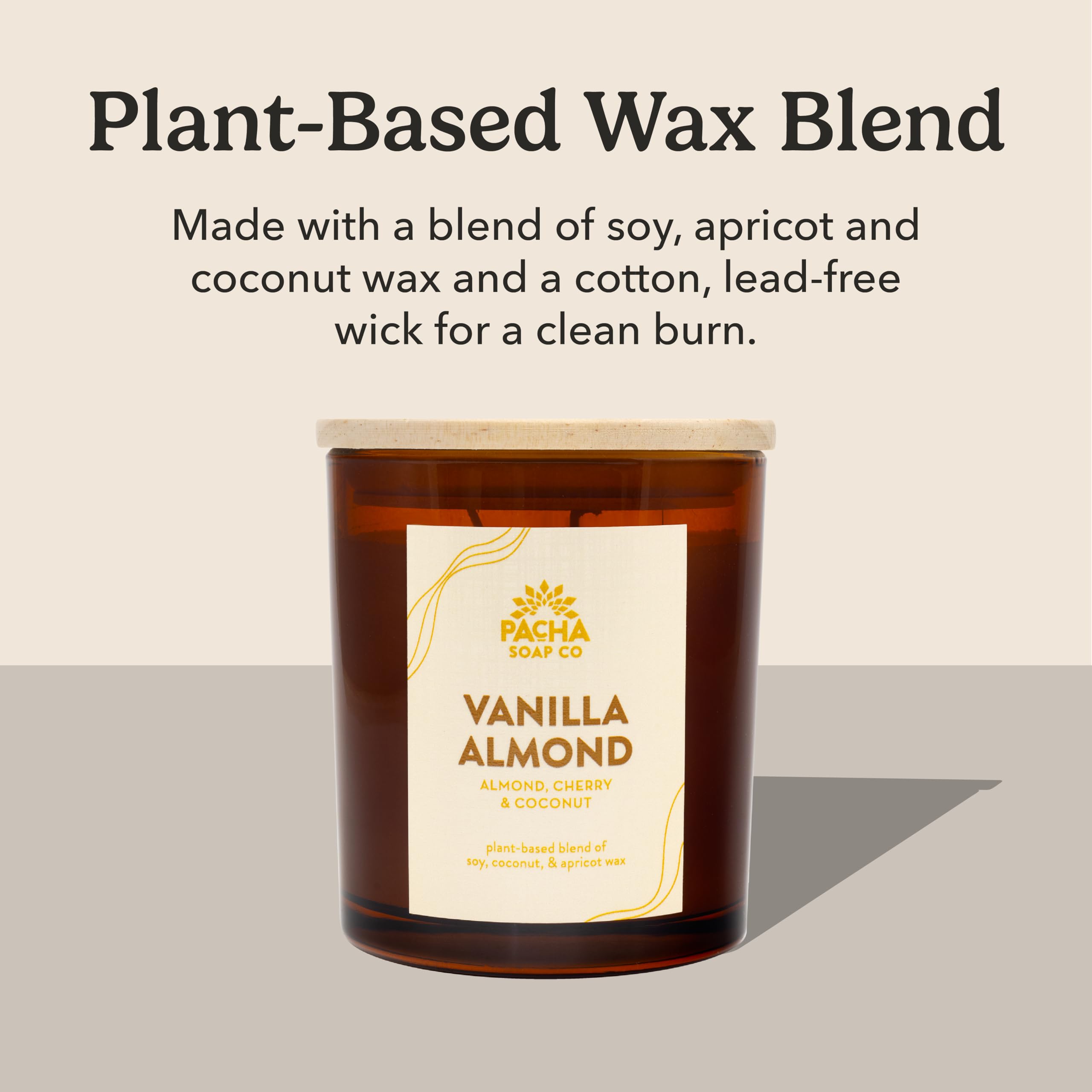 Pacha Soap Co. Vanilla Almond Candle uses soy-coconut-apricot wax for cleaner burn