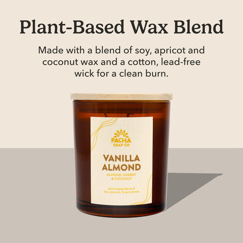 Pacha Soap Co. Vanilla Almond Candle uses soy-coconut-apricot wax for cleaner burn
