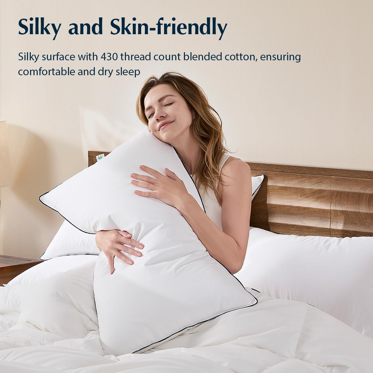Pacific Coast queen pillows close-up, hypoallergenic fabric texture promoting breathability
