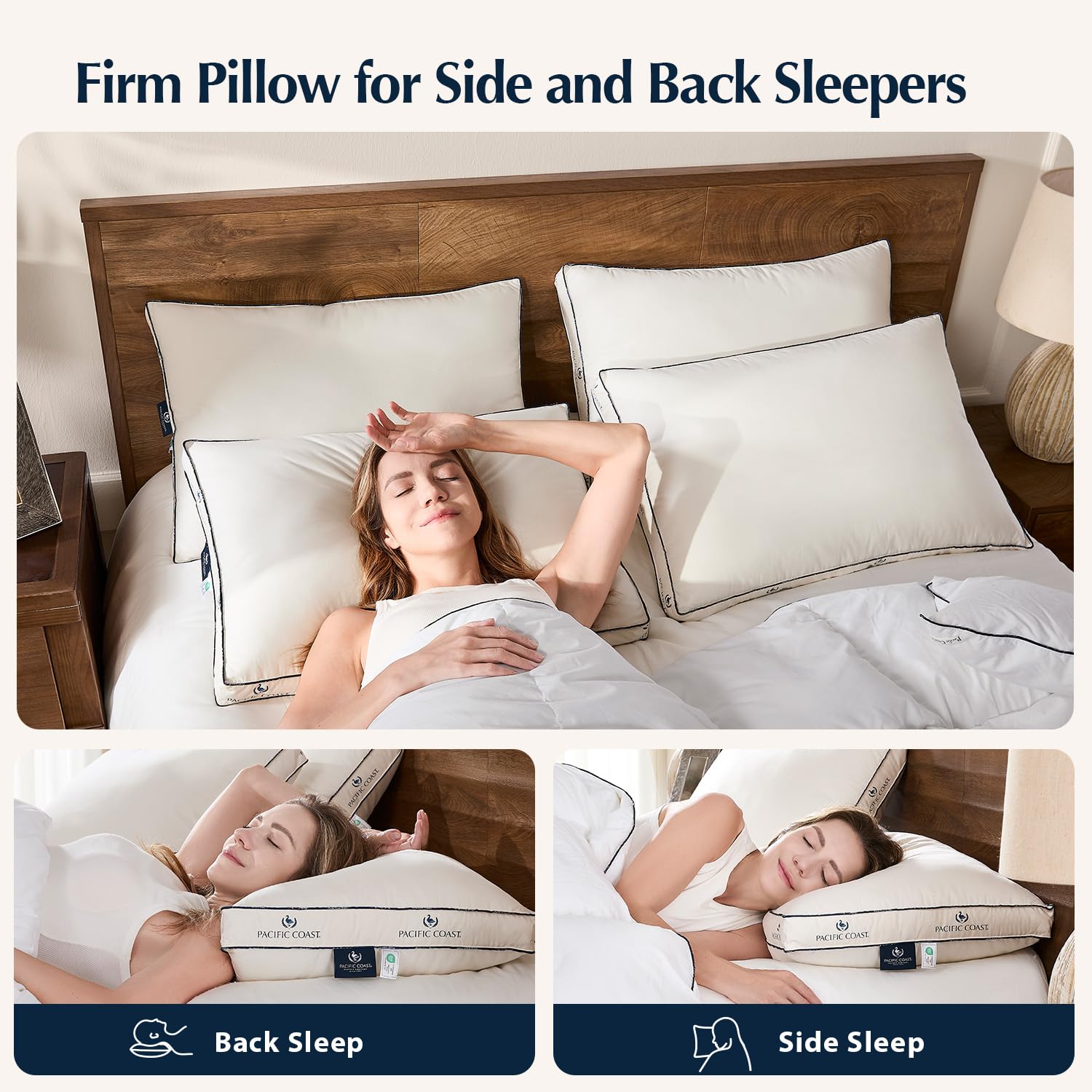 Pacific Coast premium feather-fill delivers cloud-soft loft with lasting shape for comfortable mornings.