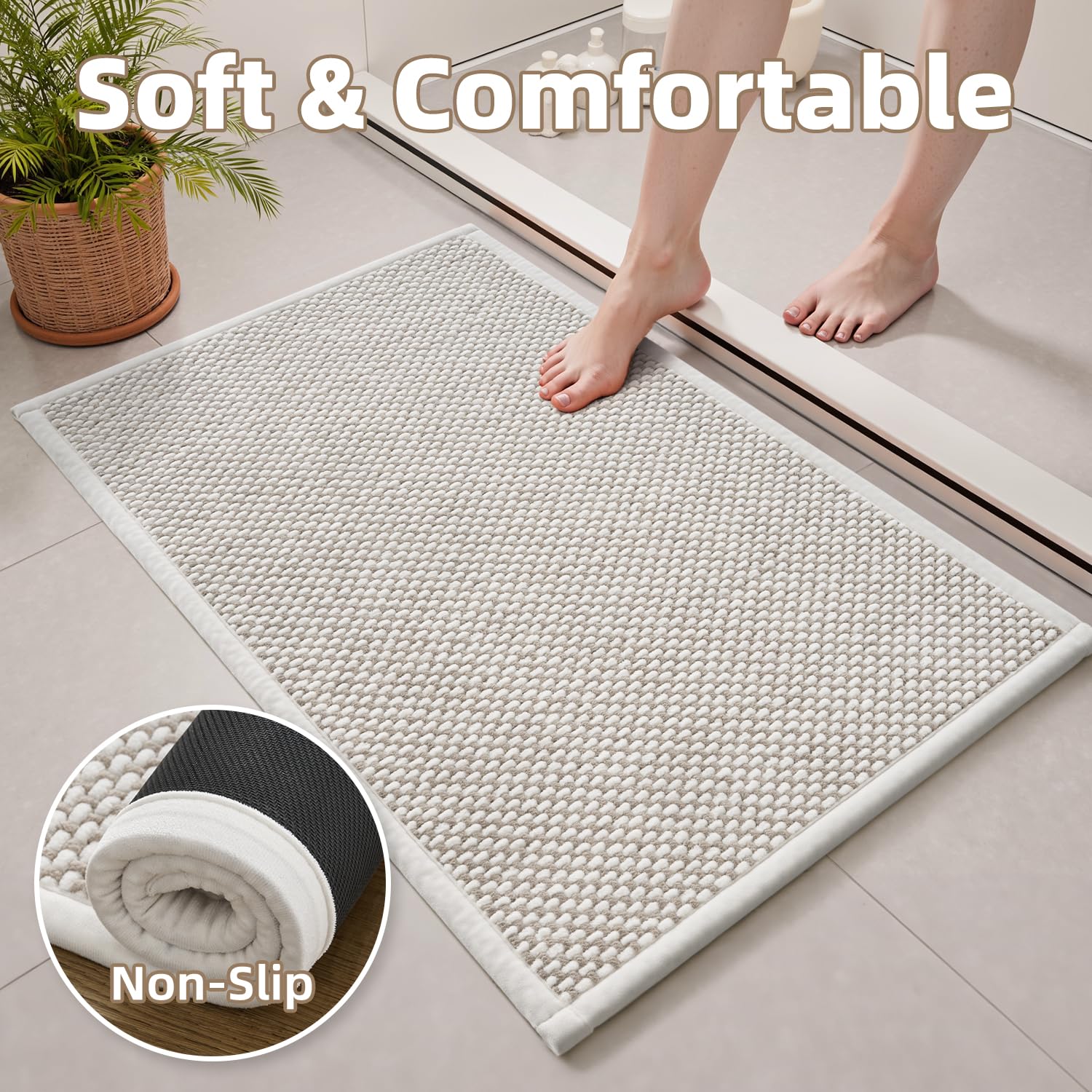 PADOOR 17x35 beige-cream bath mat complements bathroom décor and size.