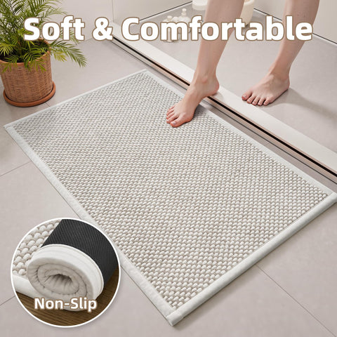 PADOOR 17x35 beige-cream bath mat complements bathroom décor and size.