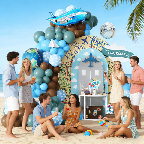 Pageebo globe and plane aluminium balloon accent enhances travel theme.