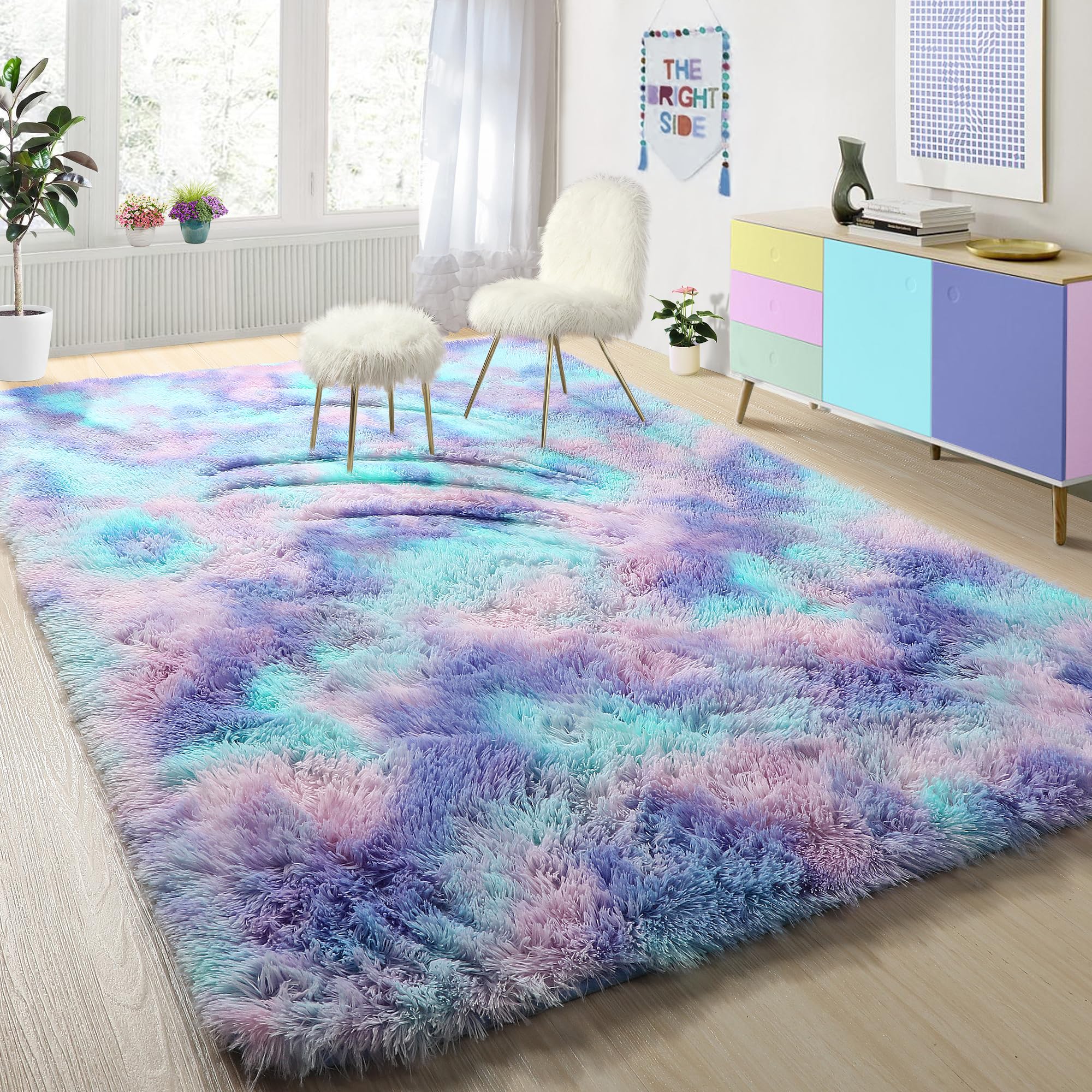 PAGISOFE Cute Furry Pastel Rug in a cozy girl's room, soft and inviting.