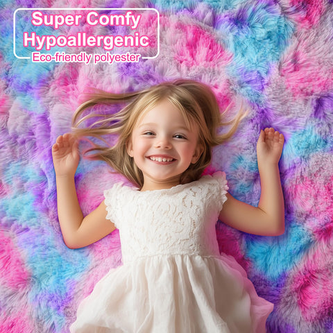 PAGISOFE fluffy rainbow rug opened from packing to restore pile