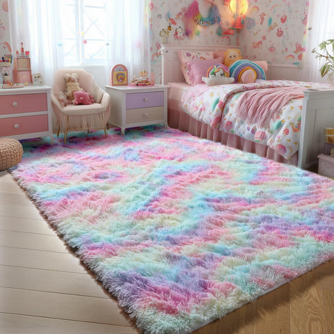 PAGISOFE fluffy rainbow rug for bedrooms with plush, comfy 5x7 size.