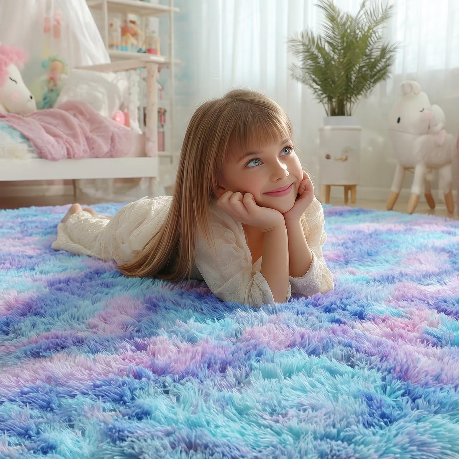 PAGISOFE 4ft round rug with rainbow colors creates a soft play area.