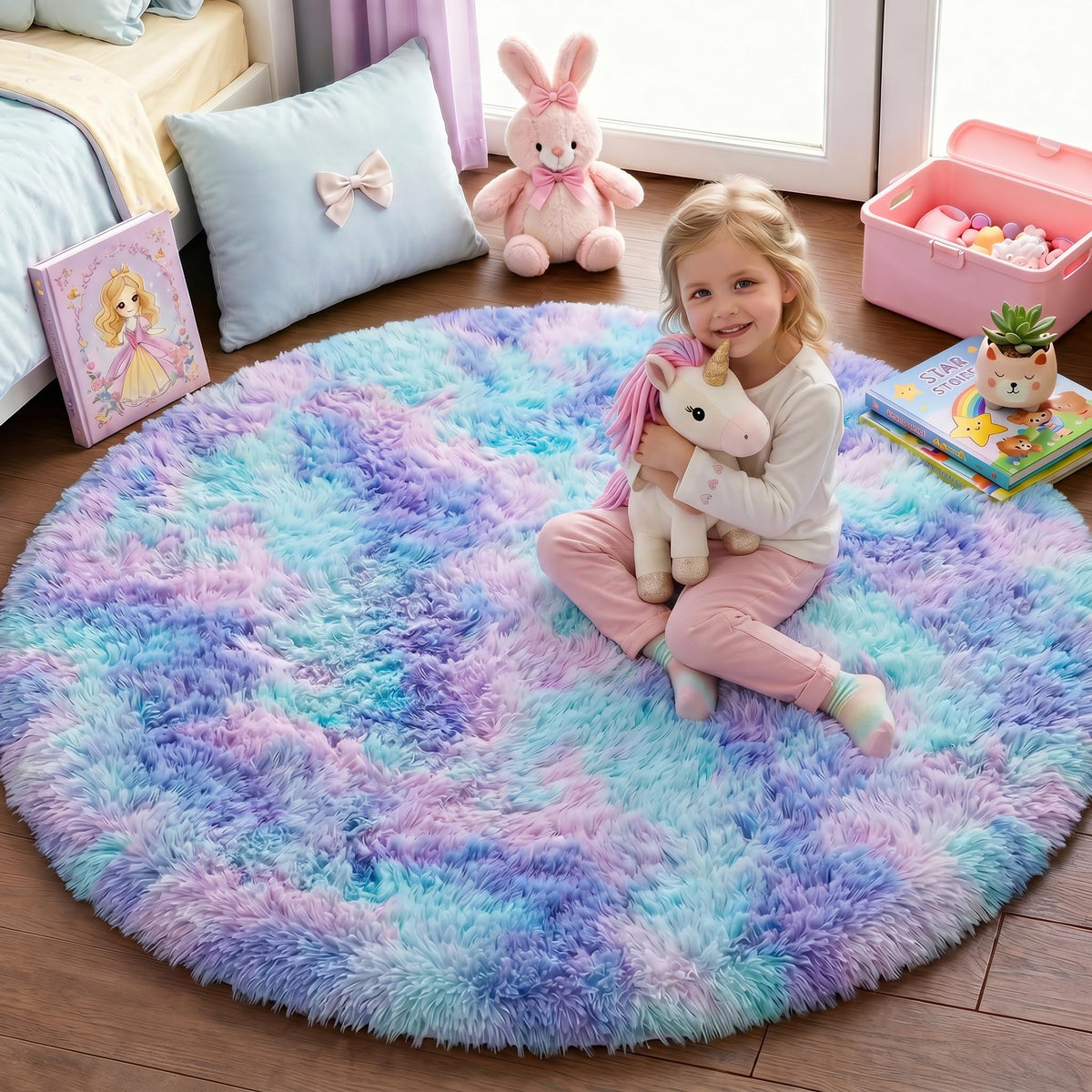 PAGISOFE fluffy round rug in purple rainbow adds cozy vibes to a kid's room.